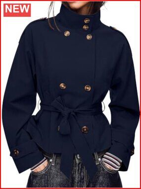 Cropped Trench Coat Double Breasted High Collar Short Jacket Women